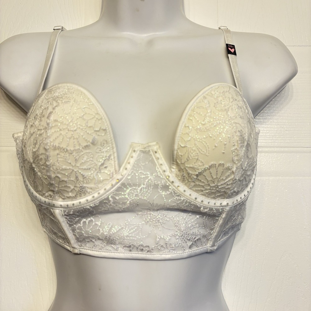 Victoria's Secret Balconette Corset White Lace Bustier Longline Bra Size 34C NEW